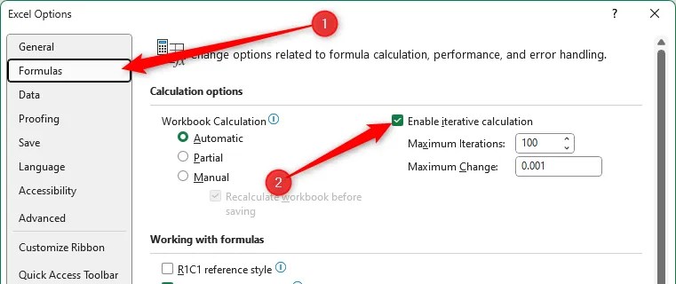 The Enable Iterative Calculations checkbox is checked in the Excel Options dialog window.