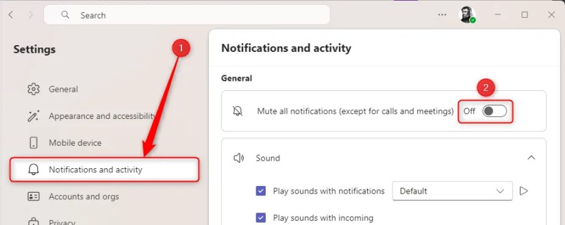 The Notifications And Activity menu in the Microsoft Teams settings, and the notifications toggle turned off.
