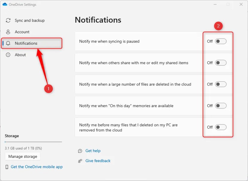 The OneDrive Notification settings, with all the options turned to Off.
