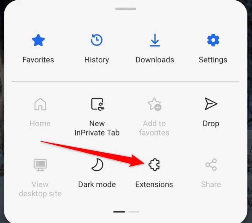 The options on the Edge mobile browser.