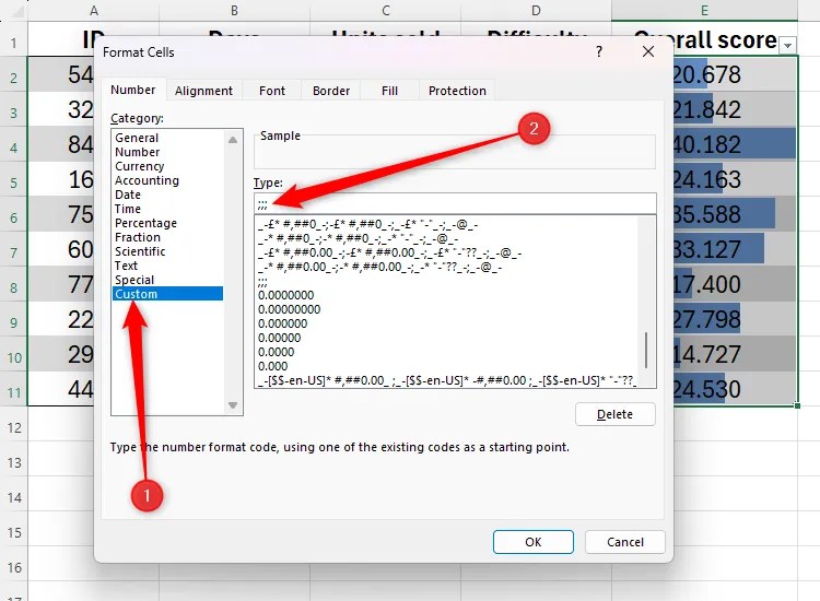 Three semicolons are typed into the Type box in the Custom area of the Format Cells dialog box.