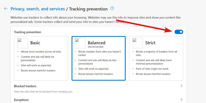 Enabling tracking prevention in Microsoft Edge.