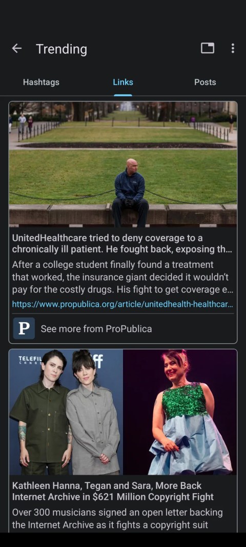 Trending news articles on a Mastodon server in the Pachli mobile app.