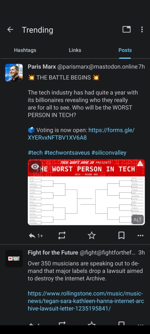 Trending posts on a Mastodon server in the Pachli mobile app.