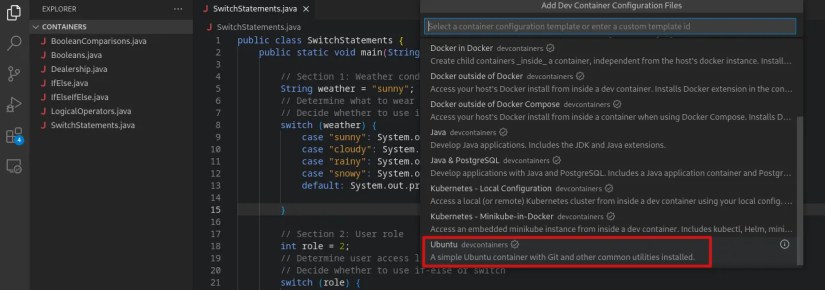 VSCode container configuration showing Ubuntu installation option.