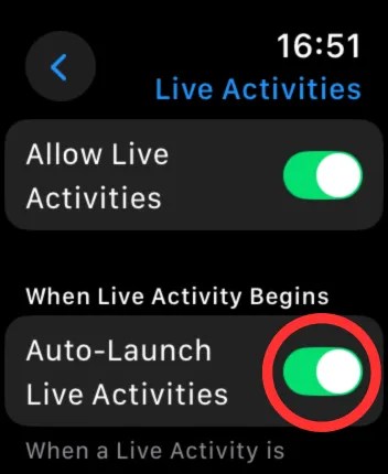 Screenshot of the Live Activities menu with a circle around the Auto-Launch feature.