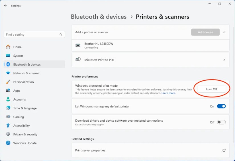 Turning off Windows Protected Print Mode in the Windows Settings app.