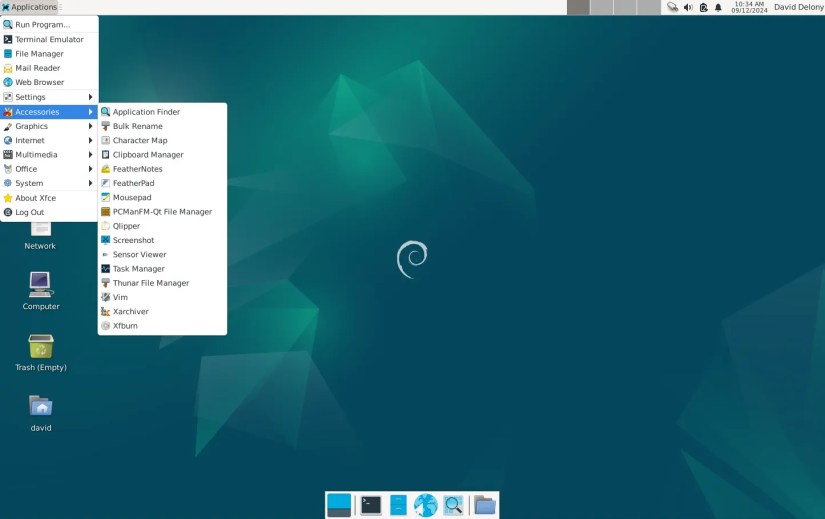 Xfce &ldquo;Accessories&rdquo; menu being accessed at the top of the screen.