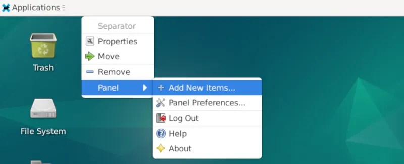 Xfce panel menu with &ldquo;Add New Items&hellip;&rdquo; option highlighted.