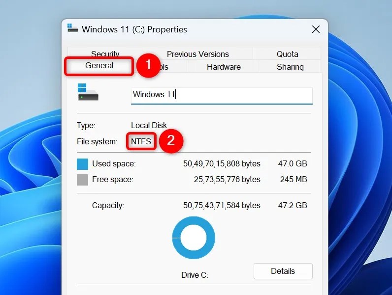 &ldquo;General&rdquo; and &ldquo;NTFS&rdquo; highlighted on a drive&rsquo;s &ldquo;Properties&rdquo; window.