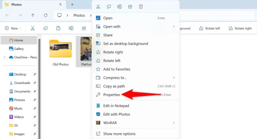&ldquo;Properties&rdquo; highlighted for a photo in File Explorer.