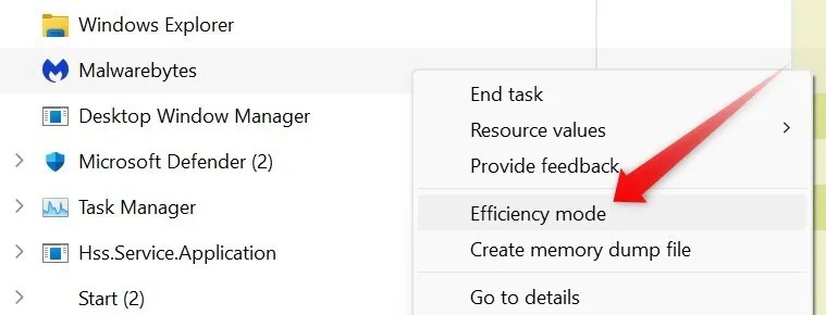 Turning on the Efficiency mode in Task Manager.