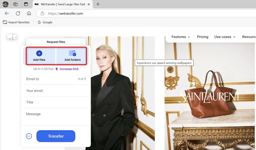 &ldquo;Add Files&rdquo; and &ldquo;Add Folders&rdquo; highlighted on WeTransfer.