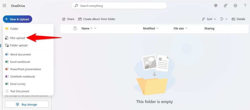 New &amp; Upload &gt; Files Upload highlighted on OneDrive.