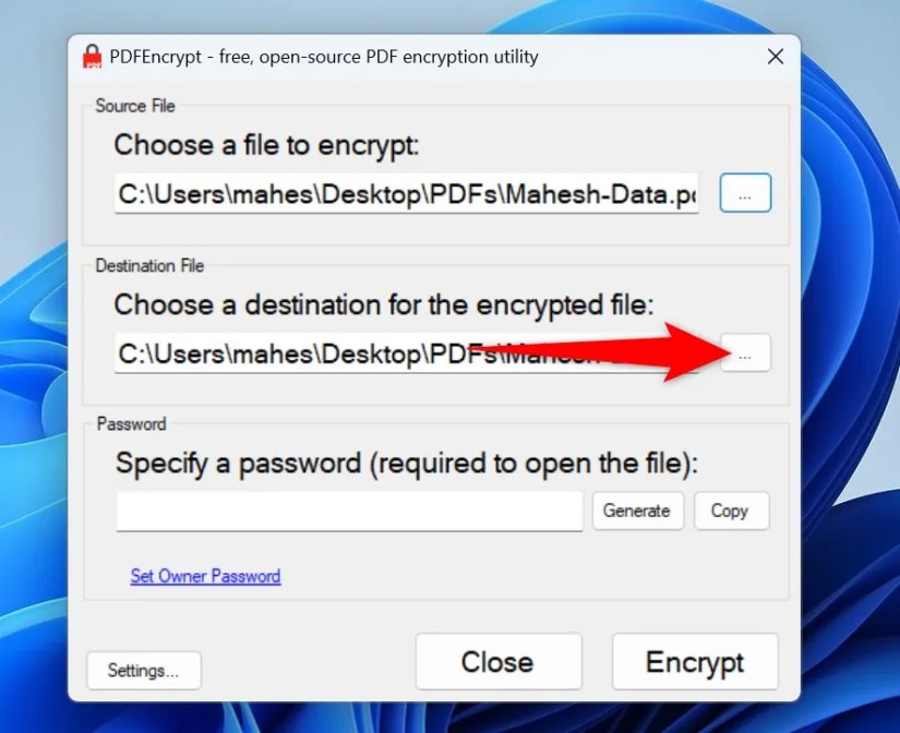 &ldquo;Destination File&rdquo; highlighted in PDFEncrypt.