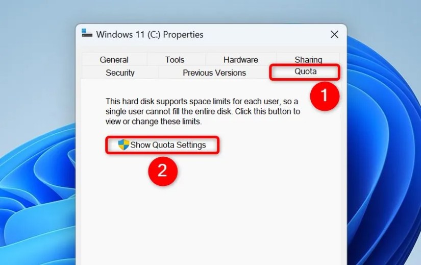 &ldquo;Quota&rdquo; and &ldquo;Show Quota Settings&rdquo; highlighted on a drive&rsquo;s &ldquo;Properties&rdquo; window.