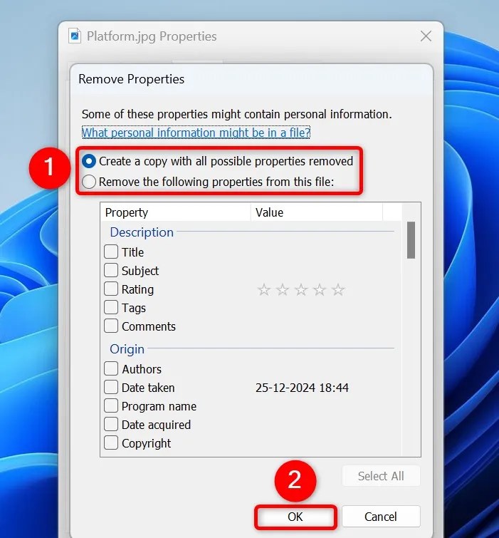 The options to remove all or specific EXIF data and &ldquo;OK&rdquo; highlighted.