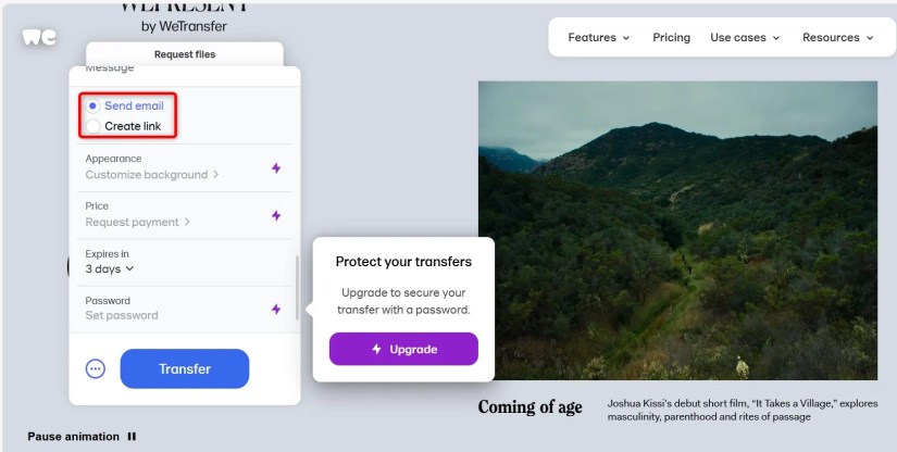 &ldquo;Send Email&rdquo; and &ldquo;Create Link&rdquo; highlighted on WeTransfer.