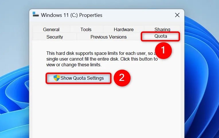 &ldquo;Quota&rdquo; and &ldquo;Show Quota Settings&rdquo; highlighted.
