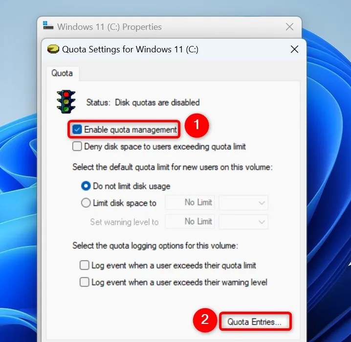 &ldquo;Enable Quota Management&rdquo; and &ldquo;Quota Entries&rdquo; highlighted on the Quota Settings window.