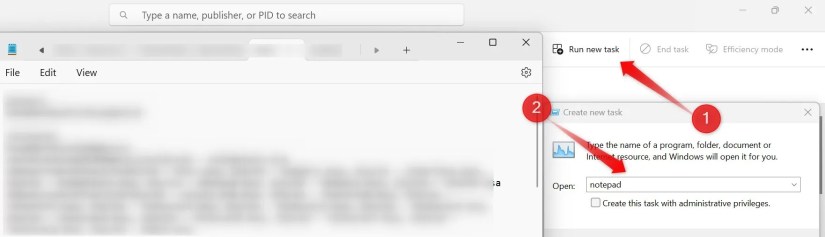 Running Notepad as a new task in Task Manager.