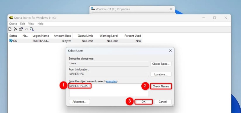 Various options highlighted on the &ldquo;Select Users&rdquo; window.