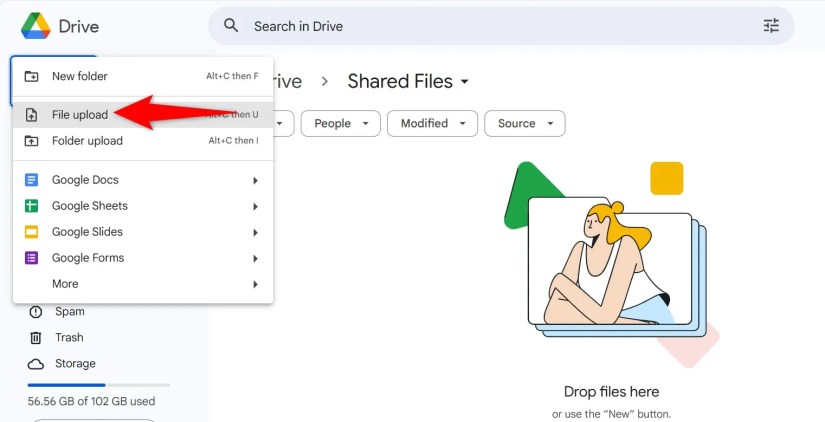 New &gt; File Upload highlighted on Google Drive.