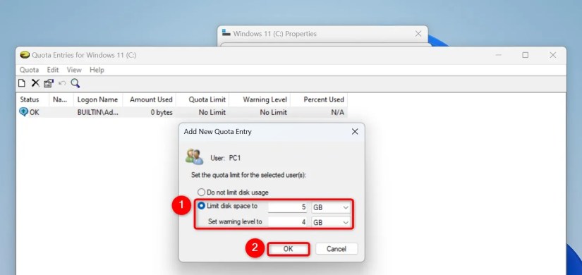 Various options highlighted on the &ldquo;Add New Quota Entry&rdquo; window.