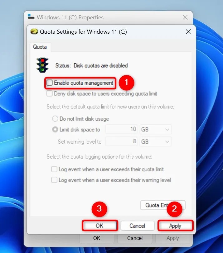 &ldquo;Enable Quota Management,&rdquo; &ldquo;Apply,&rdquo; and &ldquo;OK&rdquo; highlighted on the Quota Settings window.