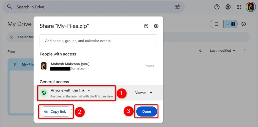 The options to get a shareable file link highlighted on Google Drive.