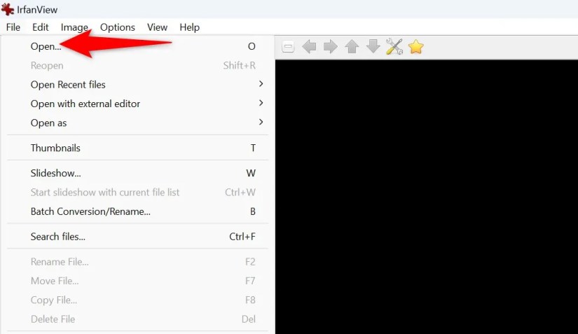 File &gt; Open highlighted in IrfanView.
