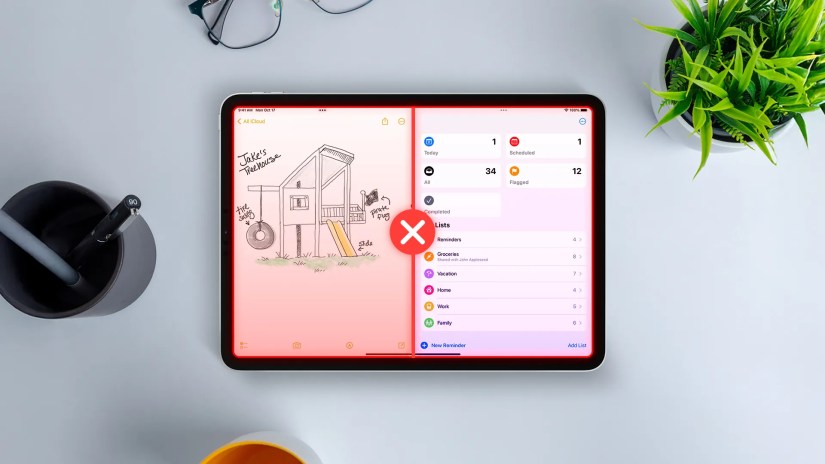 An iPad with the multitasking feature and an &lsquo;X&rsquo; in the center.