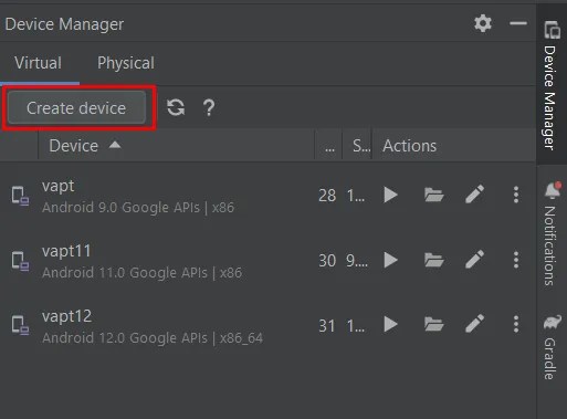 The Create Device option in the Device Manager panel.