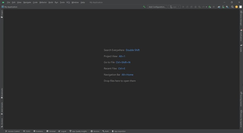 The Android Studio main interface when the application is launched completely.