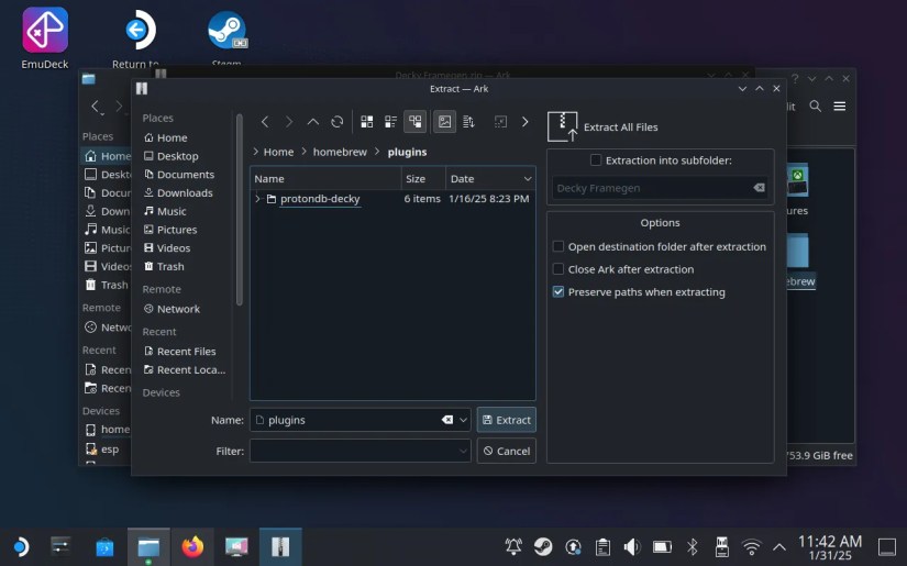 Extracting Decky-Framegen into the homebrew plugins folder.
