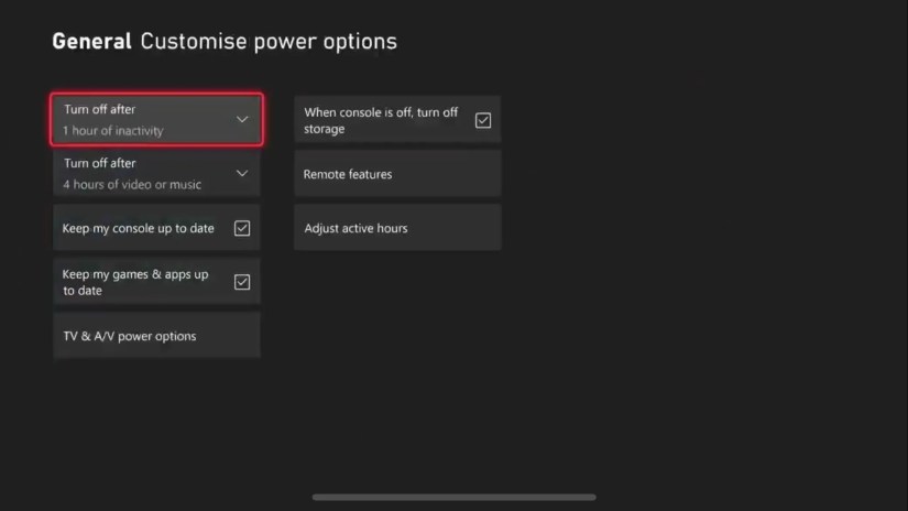 Customize power options in Xbox settings.