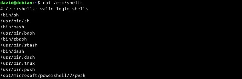 Output of cat /etc/sheels, showing multiple sheels installed on a Linux system.