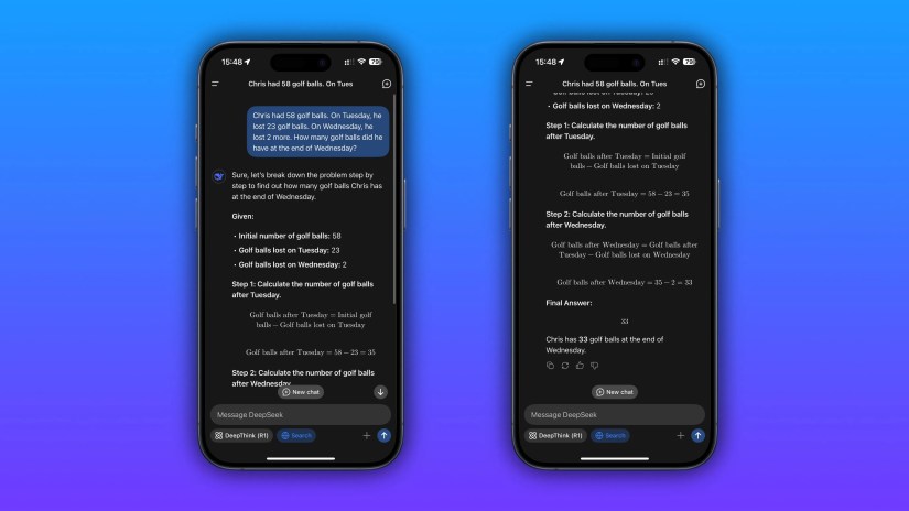 Two framed iPhone screenshots showing off DeepSeek&rsquo;s reasoning model solving a mathematical problem.