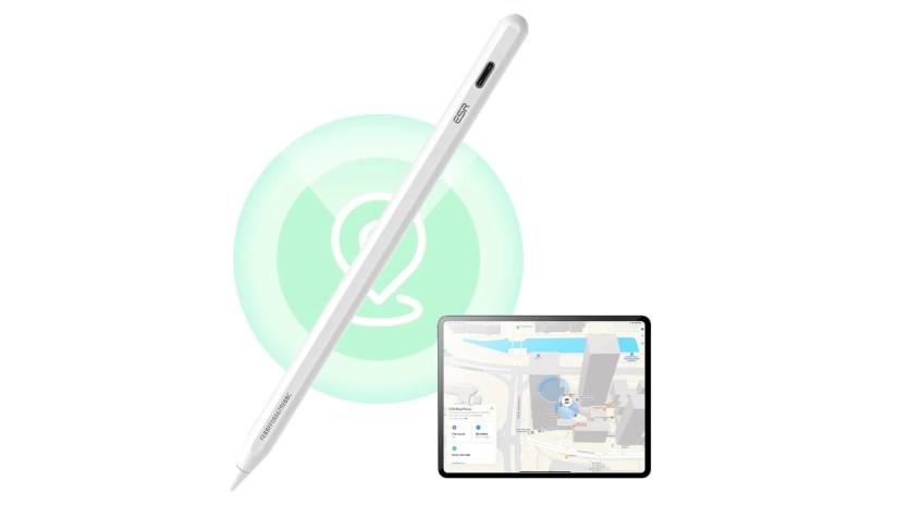 ESR&rsquo;s stylus next to an iPad displaying its location in the Find My app.