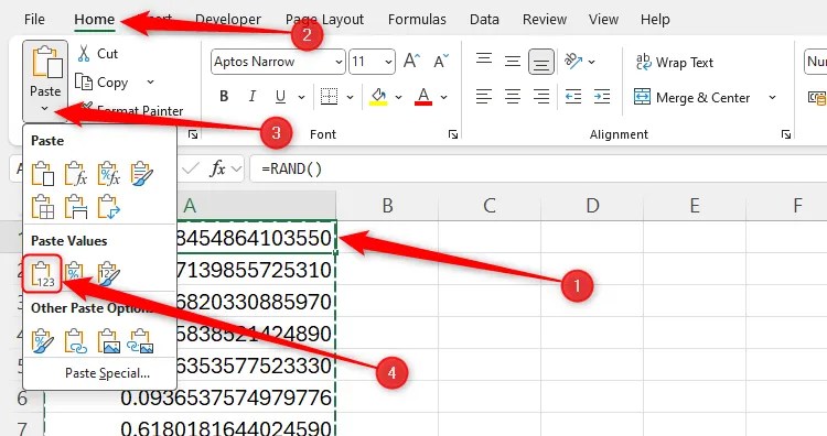 Excel&rsquo;s Paste Values button, accessed through the Paste drop-down in the Home tab on the ribbon.