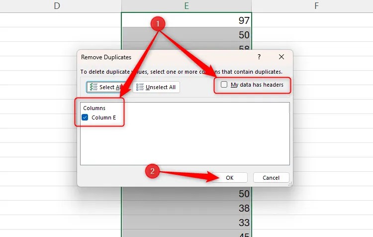 Excel&rsquo;s Remove Duplicates dialog box, with the Columns and Headers options highlighted, and the OK button selected.