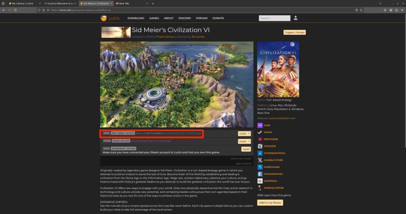 The page for Civilization VI on Lutris, with a red box highlighting that it&rsquo;s unplayable with the Epic Games store on Linux