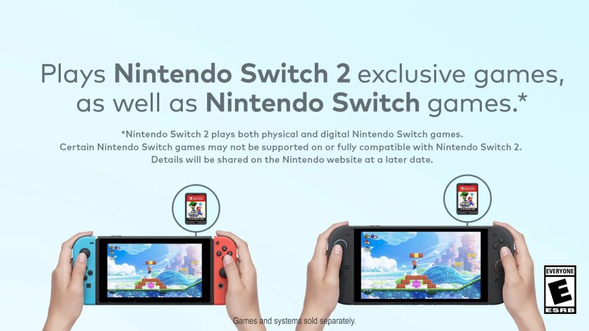 Two hands holding the original Nintendo Switch and Switch 2 consoles.