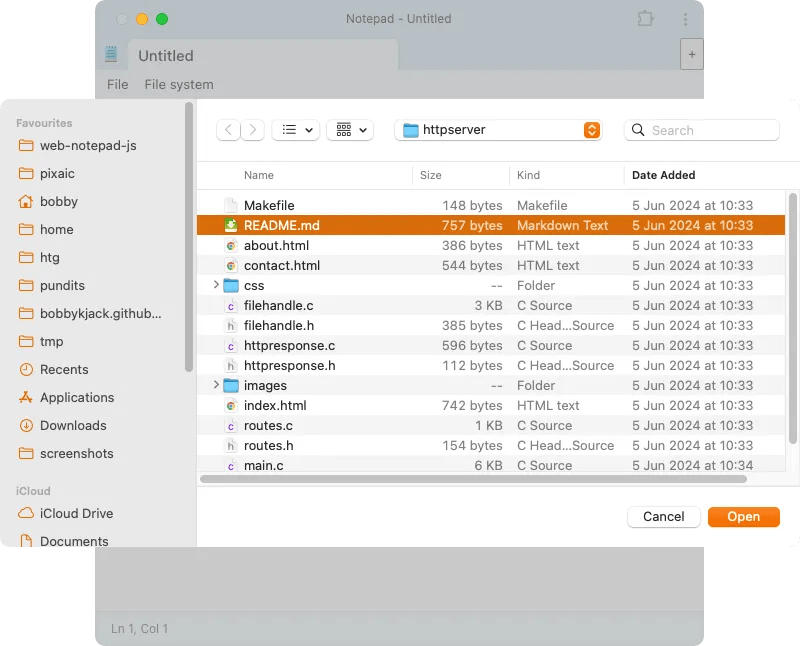 The NotepadJs web app displaying a native file open dialog on macOS.