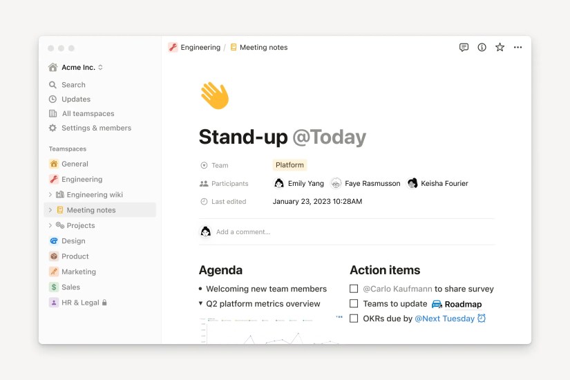 Notion showing a note containing meeting notes.