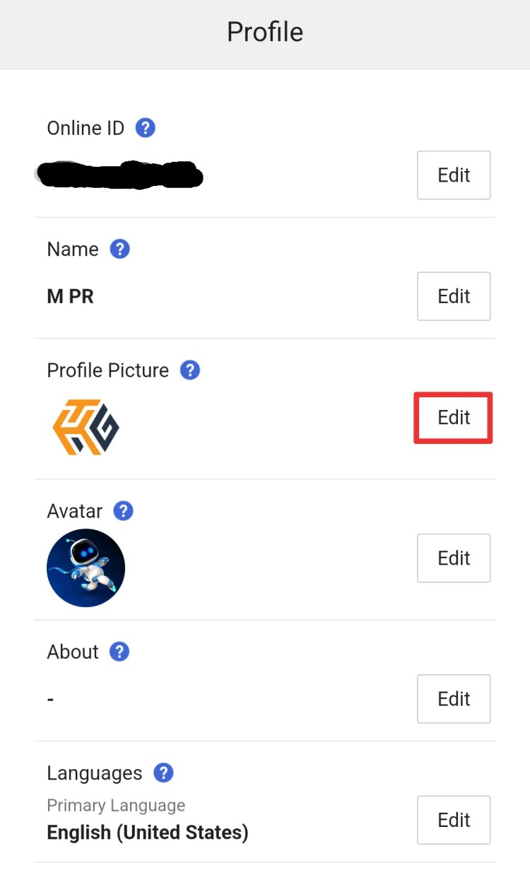 A screenshot of the PlayStation App, with profile picture&rsquo;s &ldquo;edit&rdquo; button highlighted in red.