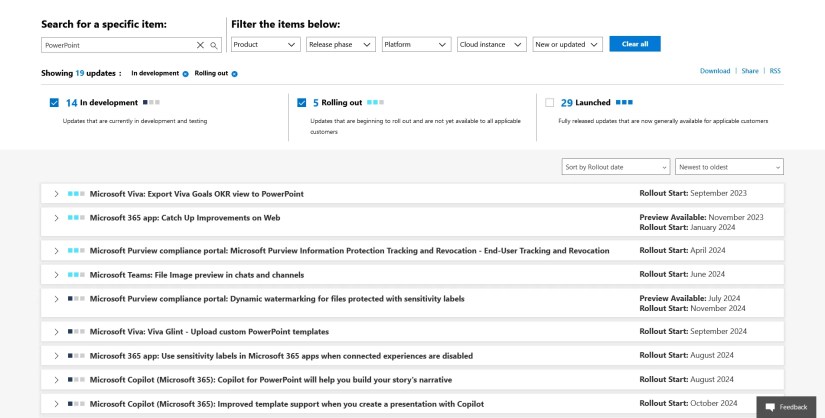 Searching PowerPoint on the Microsoft 365 roadmap.