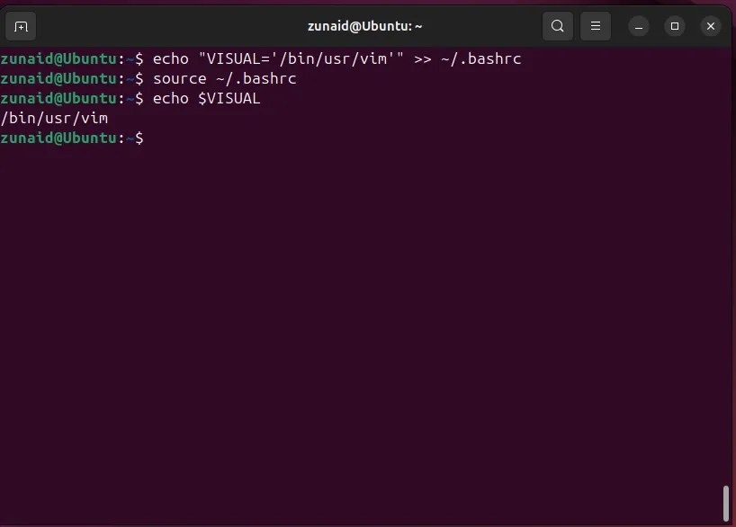 Setting the VISUAL environment variable in the bashrc file.