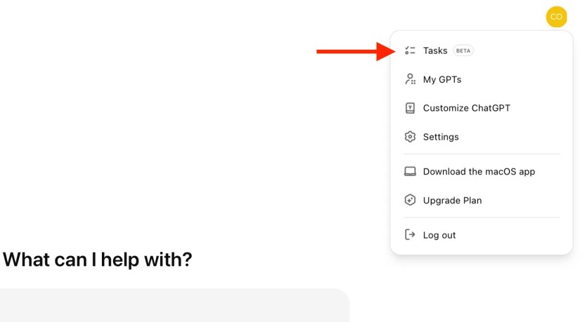 Tasks menu in the ChatGPT web app.