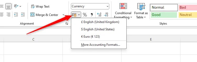 The Accounting icon in the Number group of the Home tab on Excel&rsquo;s ribbon.